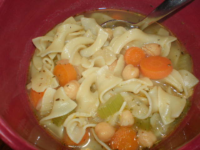 Unchicken noodle soup bowl